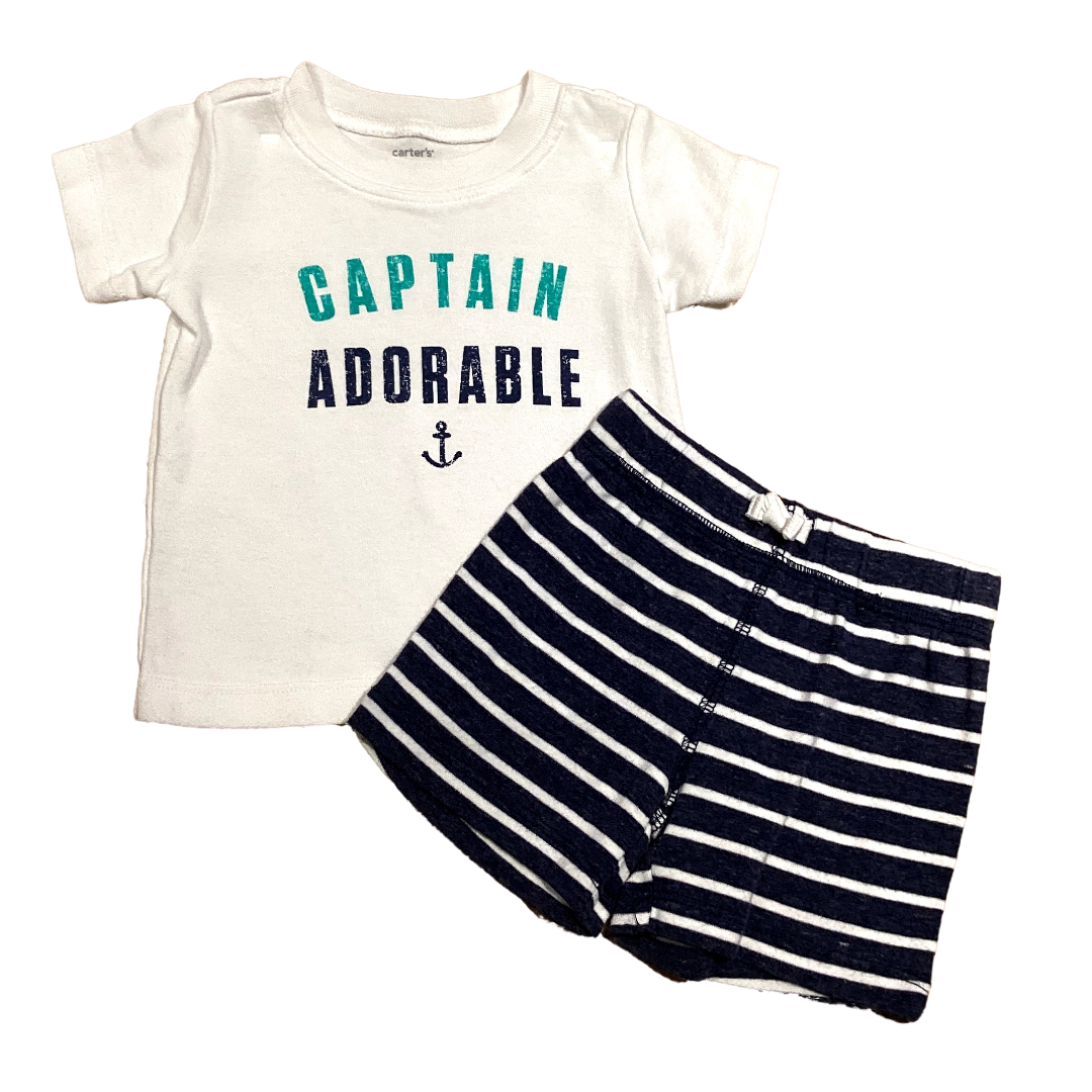 3-6 Boys Carter's White Captain Adorable T-Shirt, Matching White and Blue Cloth Shorts
