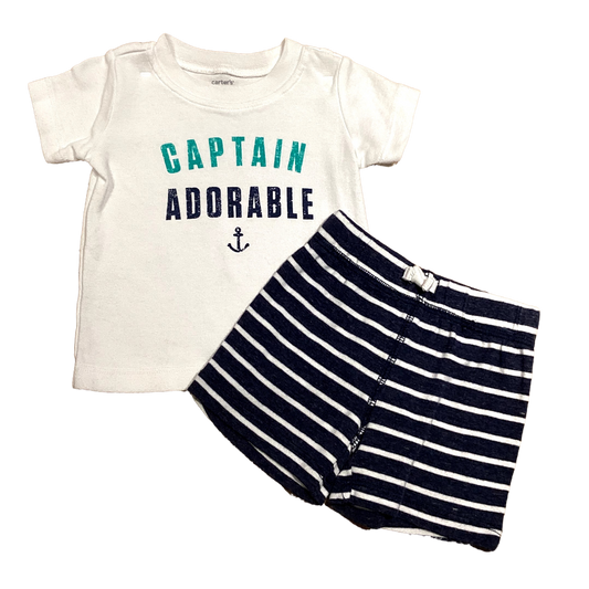 3-6 Boys Carter's White Captain Adorable T-Shirt, Matching White and Blue Cloth Shorts