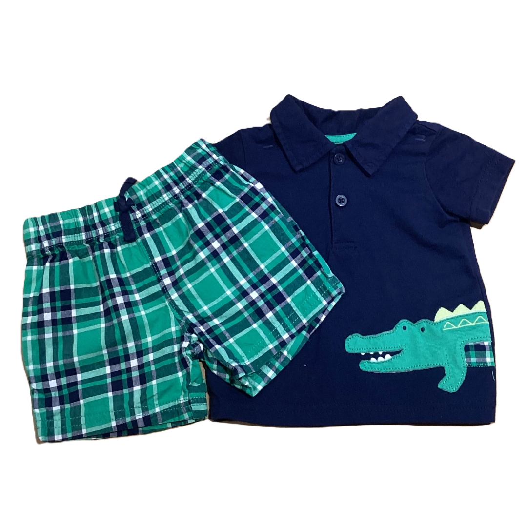 3-6 Boys Child of Mine Navy Blue Collared Top with Crocodile Decal; Matching Plaid Shorts