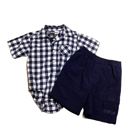 3-6 Boys Mick Mack Navy Blue and White Plaid Collared Button Down Onesie, Cherokee Navy Blue Cargo Shorts