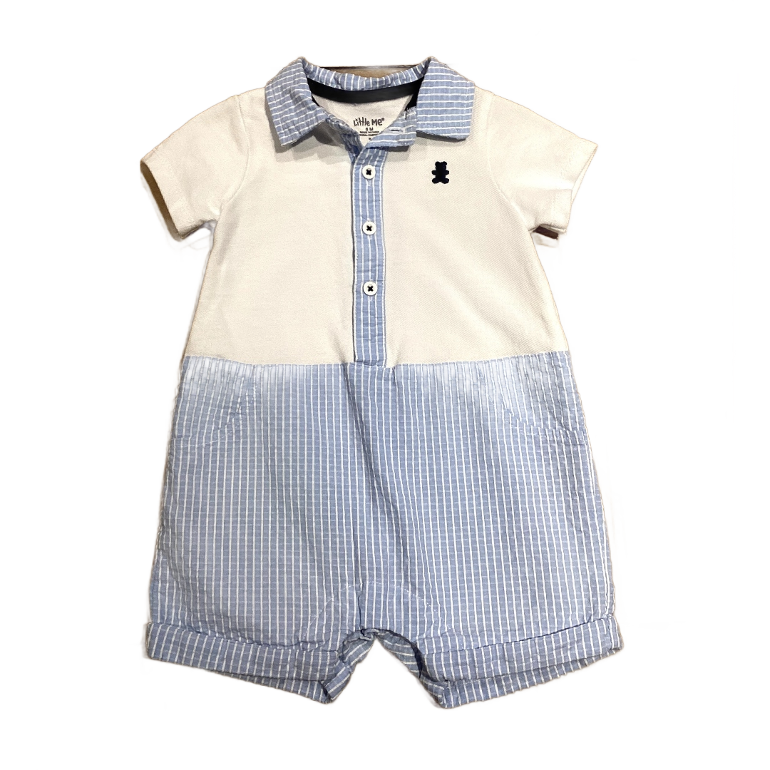 3-6 Boys Little Me White and Blue Patterned/Striped Collared Onesie