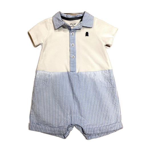 3-6 Boys Little Me White and Blue Patterned/Striped Collared Onesie