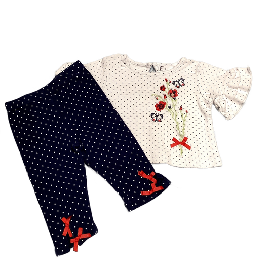 6-9 Girls Laura Ashley Blue/White Polka Dot Matching Set