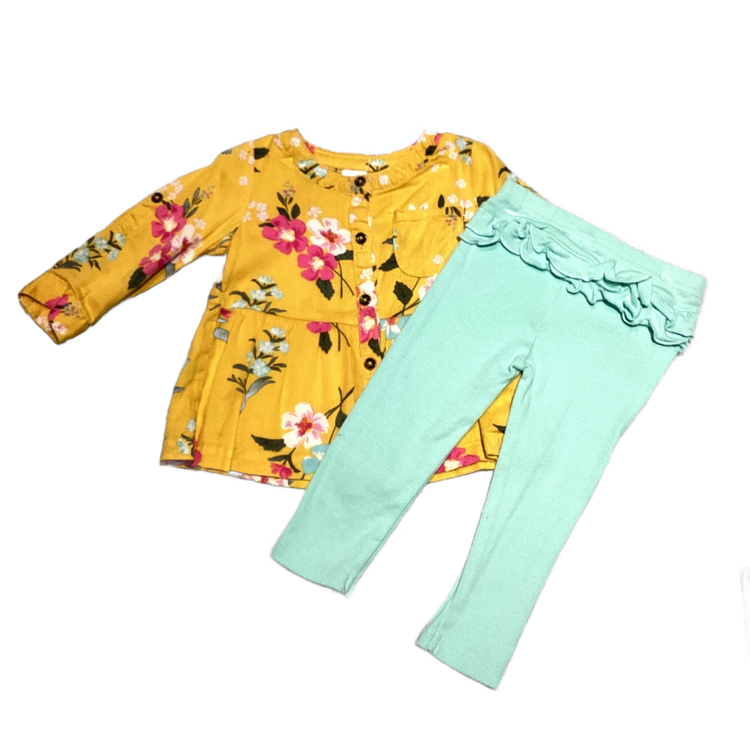 6-9 Girls Carter's Dark Yellow Shirt w/Tropical Flowers, Simple Joys Ruffle Bottom Leggings