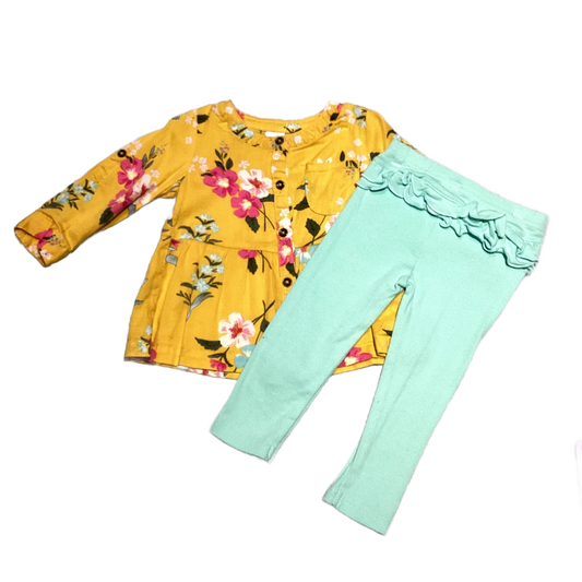 6-9 Girls Carter's Dark Yellow Shirt w/Tropical Flowers, Simple Joys Ruffle Bottom Leggings