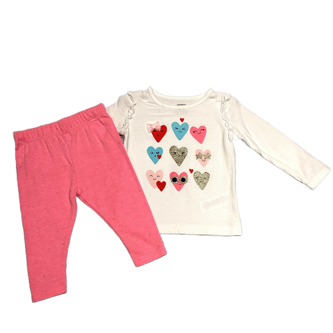 6-9 Girls Carter's White Long Sleeve Shirt w/Heart Faces, Circo Bright Pink Leggings w/Stars