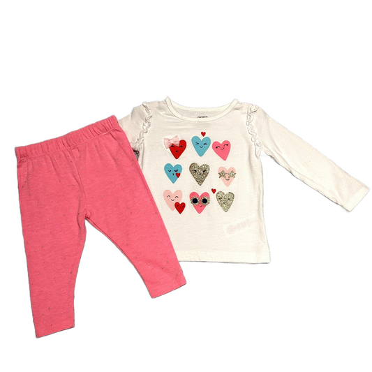 6-9 Girls Carter's White Long Sleeve Shirt w/Heart Faces, Circo Bright Pink Leggings w/Stars
