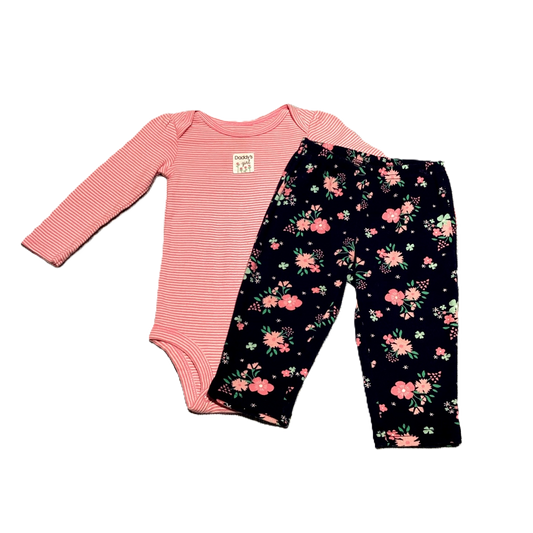 6-9 Girls Simple Joys Hot Pink/White Striped Long Sleeve Onesie, Just One You Navy/Pink Floral Pants