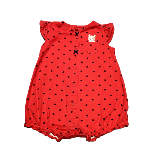6-9 Girls Carter's Salmon Romper w/Blue Heart Polka Dots,  Pups in Pocket