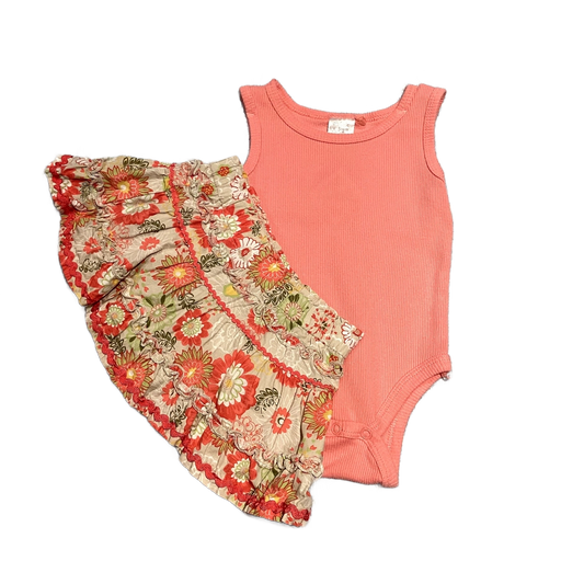 6-9 Girls Chick Pea Peach Ribbed Onesie, Koala Kids Floral Skirt