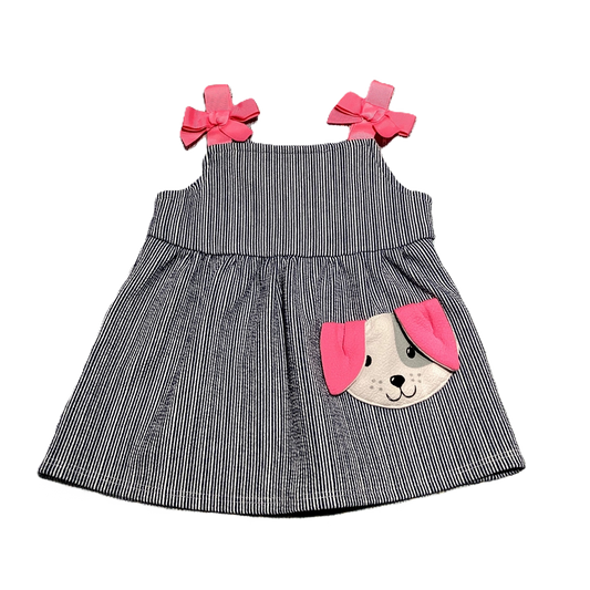 6-9 Girls Youngland Baby Navy/White Stripe Dress w/Floppy Ear Dog Pocket