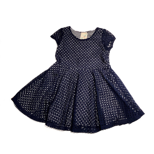 3T Girls Lily Bleu Navy Blue and White Patterned Dress with Striped Slip Underneath