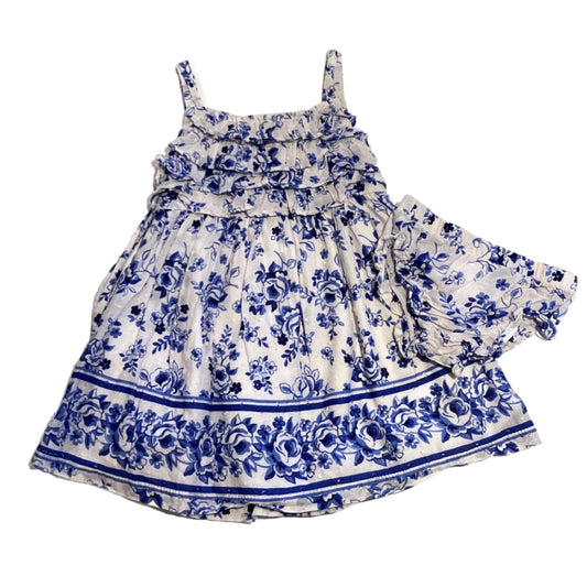 3T Girls Nannette White and Blue Boucle Floral Dress with Back Tie with Matching Bloomers