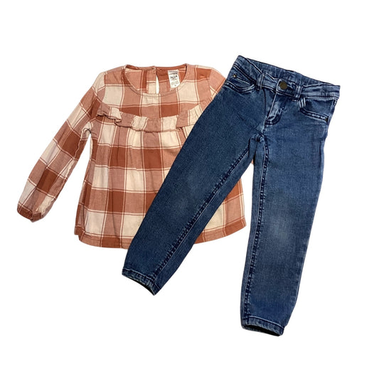 3T Girls Carter's Cinnamon  and White Plaid Blouse, Carter's Jeans