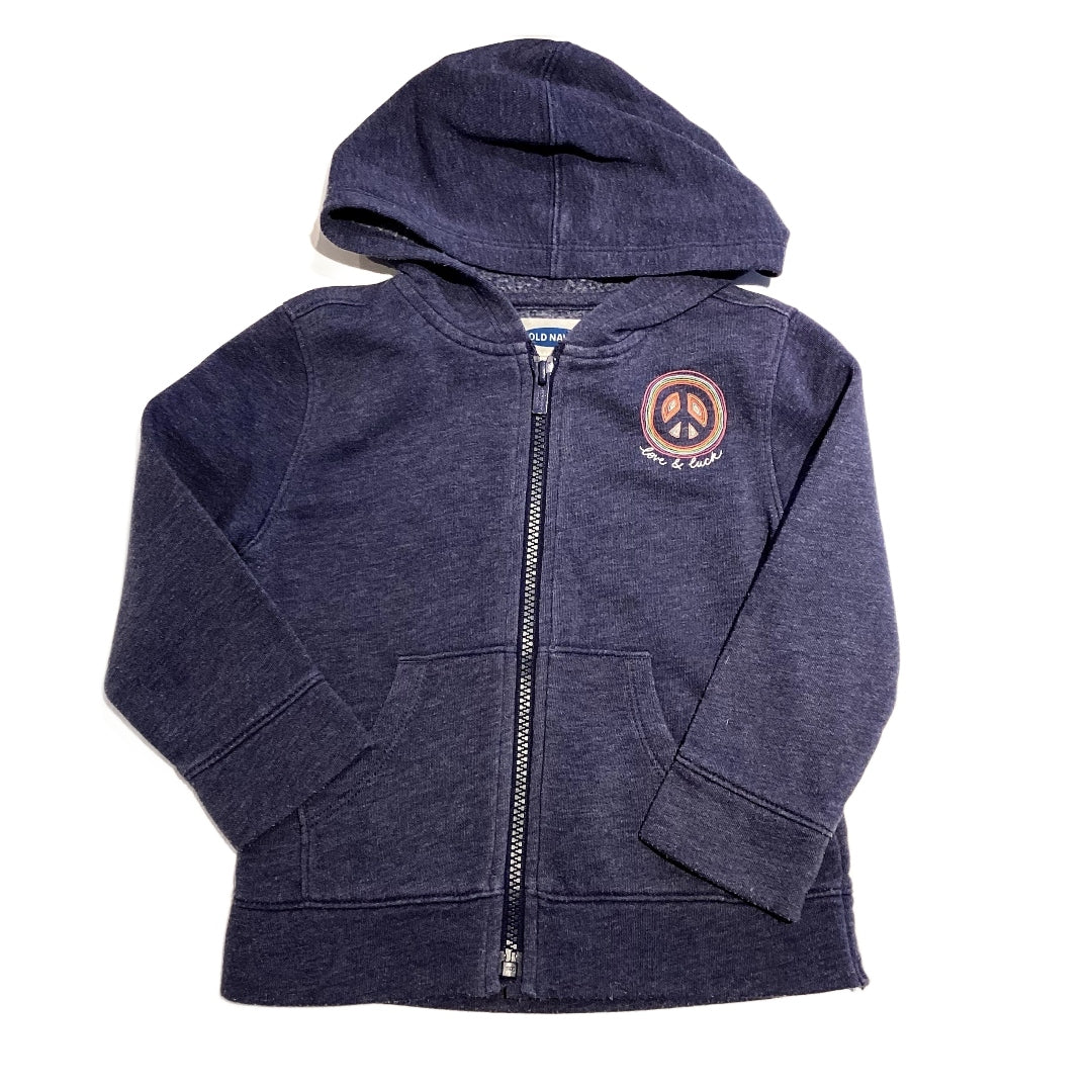 3T Girls Old Navy Distressed Navy Blue Love and Luck Zip Up Sweatshirt