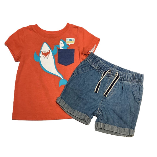 9-12 Boys Cat & Jack Orange My Dad Is Jawsome Shark T-Shirt, Jumping Beans Stretchy Denim Shorts