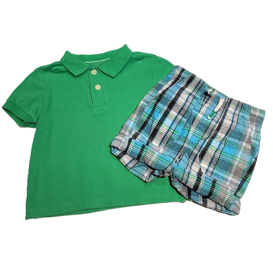 9-12 Boys Place Green Polo Top, Cat & Jack Green, Gray and Blue Plaid Shorts