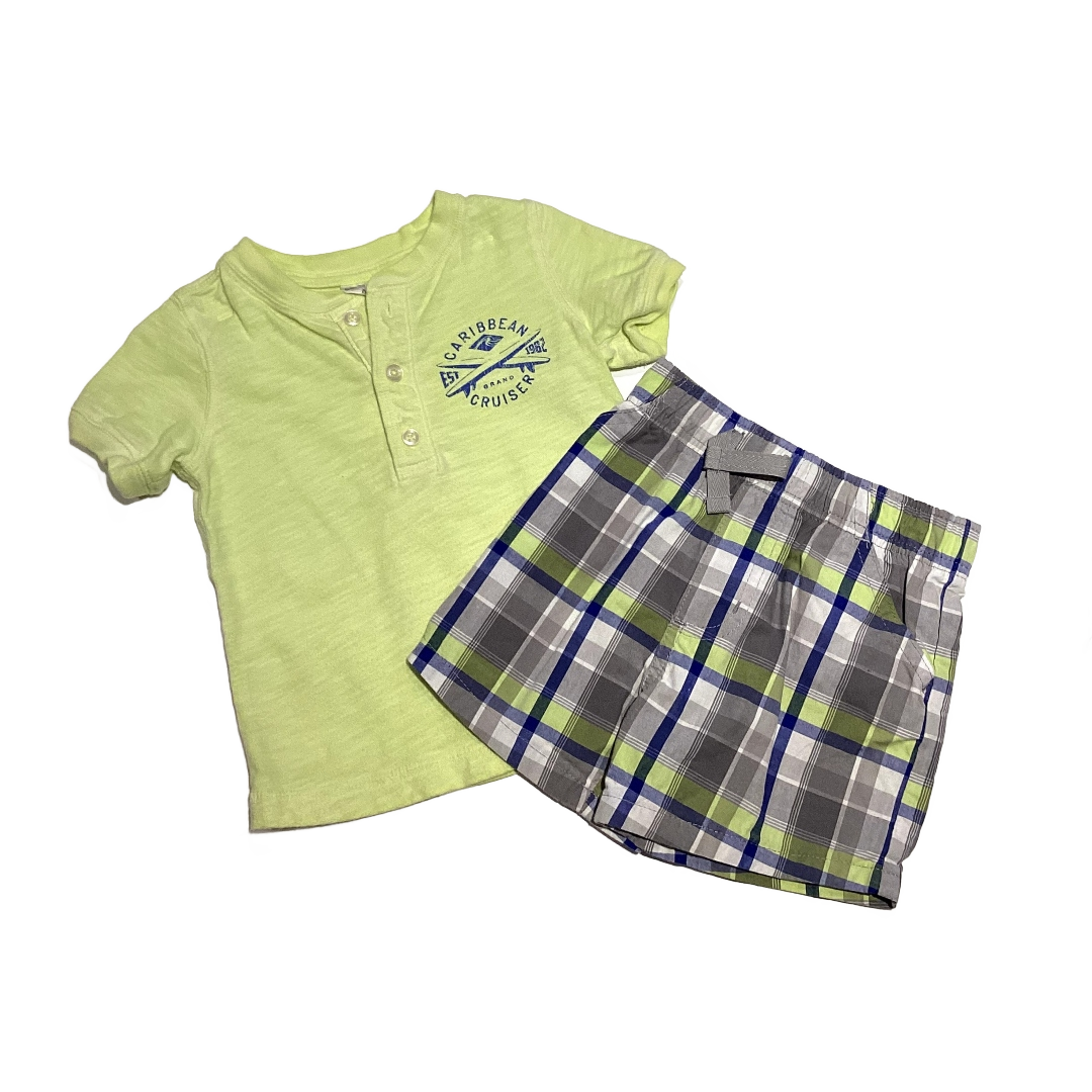 9-12 Boys Carter's Highlighter Yellow Caribbean Cruiser Buttoned Shirt, Garanimals Blue and Yellow Plaid Shorts
