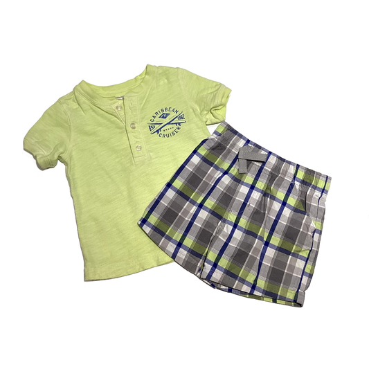 9-12 Boys Carter's Highlighter Yellow Caribbean Cruiser Buttoned Shirt, Garanimals Blue and Yellow Plaid Shorts