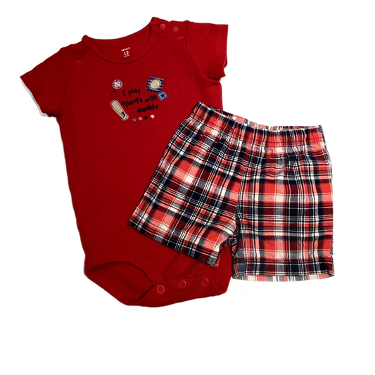 9-12 Boys Carter's Red I Play Sports with Daddy Onesie, Carter's Red and Blue Plaid Shorts