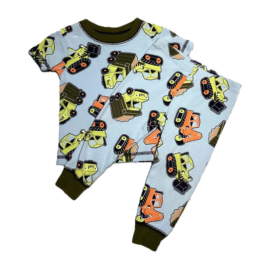 9-12 Boys Just One You Light Blue and Army Green Construction Vehicles Pajama Set