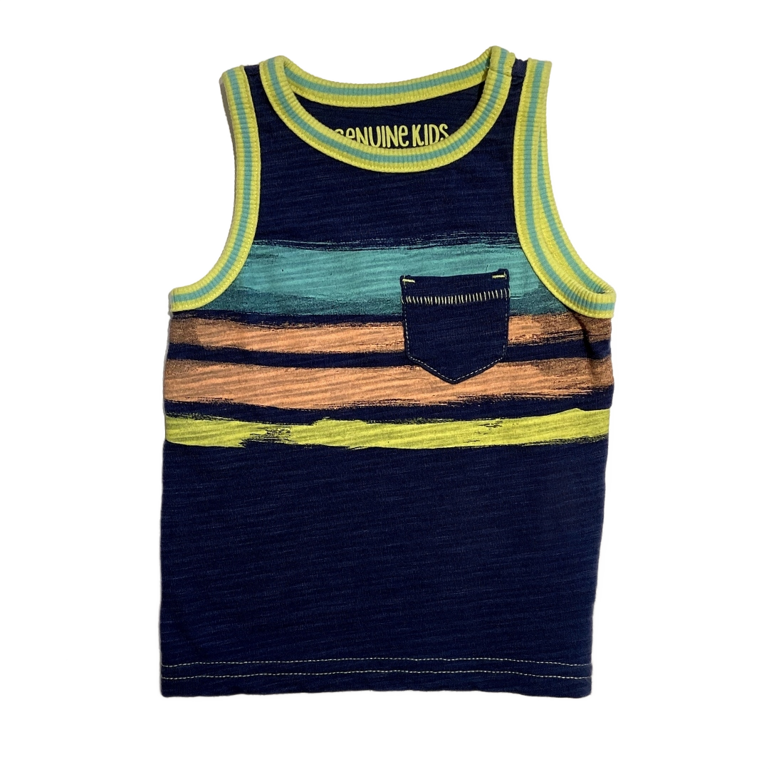 9-12 Boys Genuine Kids Navy Blue and Multi-Colored Striped T-Shirt with Yellow and Blue Collar