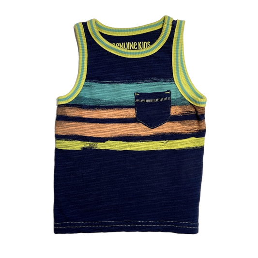 9-12 Boys Genuine Kids Navy Blue and Multi-Colored Striped T-Shirt with Yellow and Blue Collar