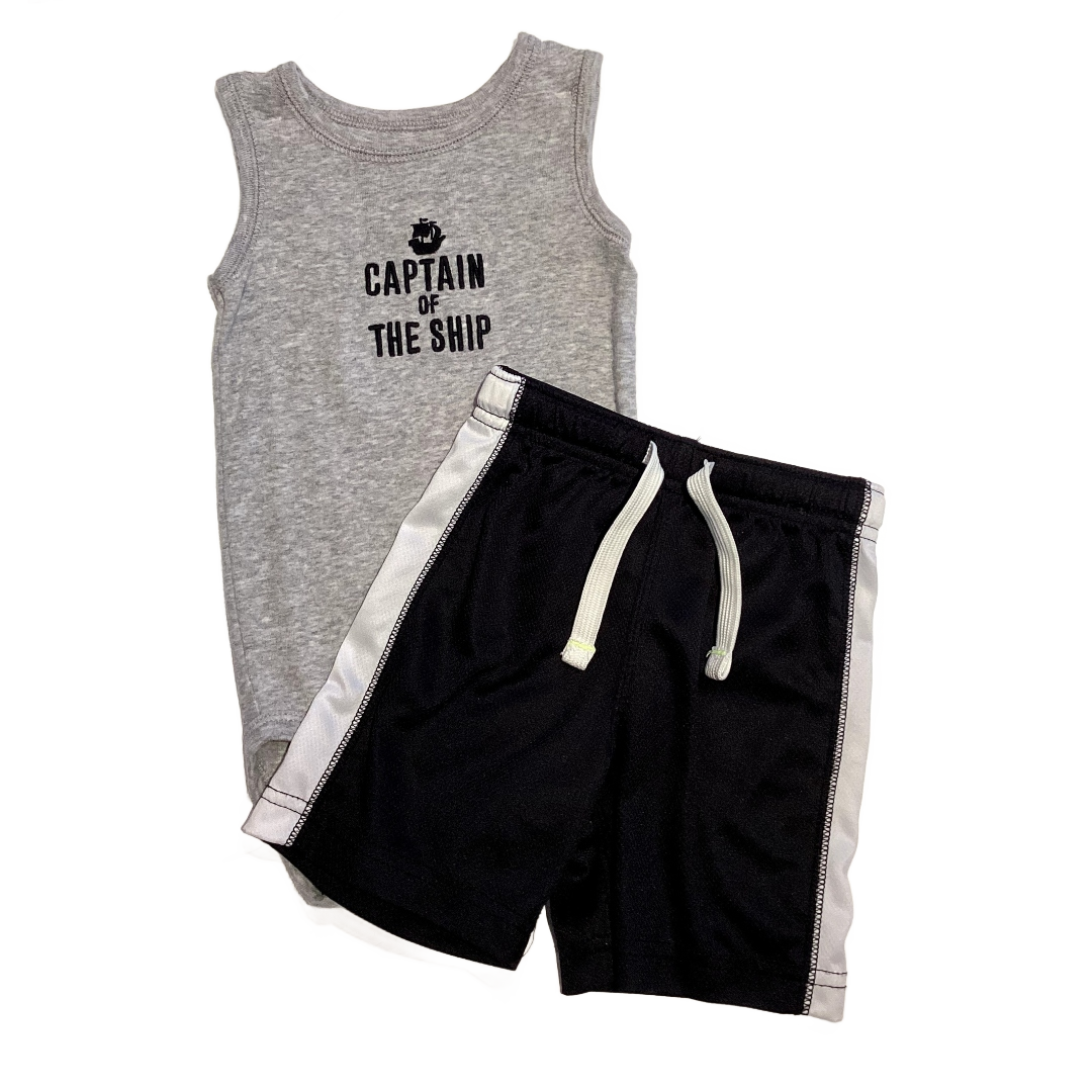9-12 Boys Carter's Gray Captain Of The Ship Tank Top Onesie, Carter's Black Athletic Shorts with White Stripe