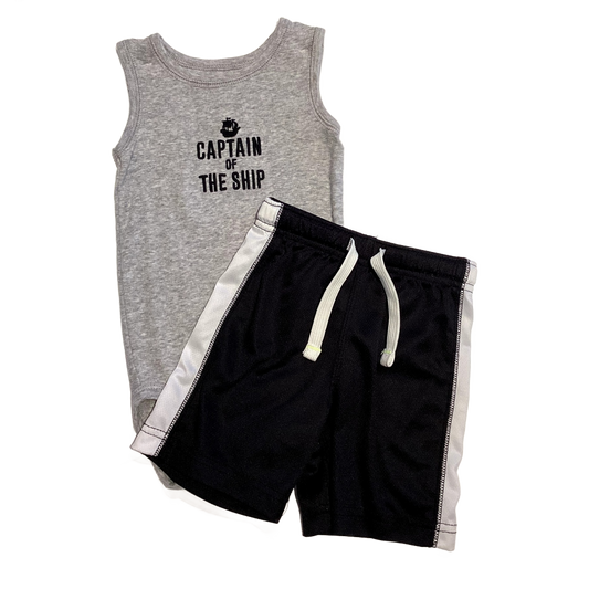 9-12 Boys Carter's Gray Captain Of The Ship Tank Top Onesie, Carter's Black Athletic Shorts with White Stripe