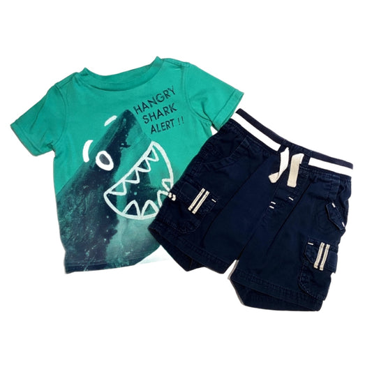 9-12 Boys Kids Headquarters Teal Hangry Shark Alert T-Shirt, Genuine Kids White and Navy Blue Cargo Shorts