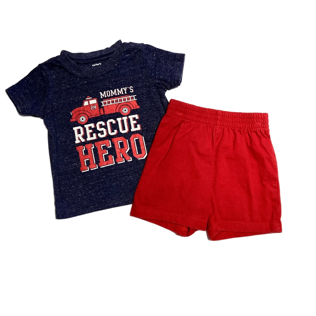9-12 Boys Carter's Blue Distressed Mommy's Rescue Hero T-Shirt, Circo Red Cloth Shorts