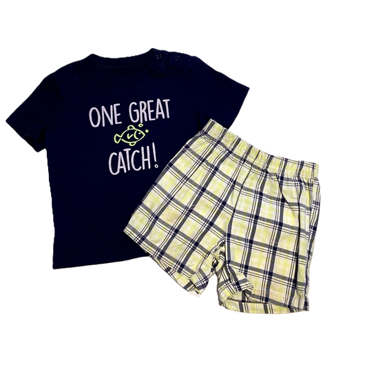 9-12 Boys Cherokee Navy Blue One Great Catch T-Shirt, Just One You Yellow, Navy and White Plaid Shorts