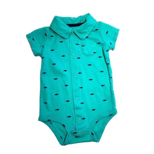 9-12 Boys Carter's Teal and Navy Blue Collared Onesie with Shark Pattern