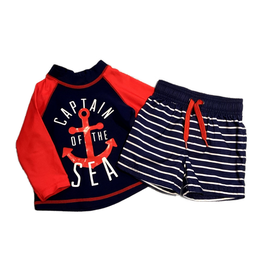 3-6 Boys Simplejoys Red and Navy Captain Of The Sea Matching Set With Striped Shorts