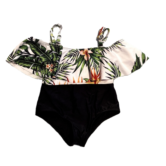 6-9 Girls Black and White Tropical Floral Onepiece