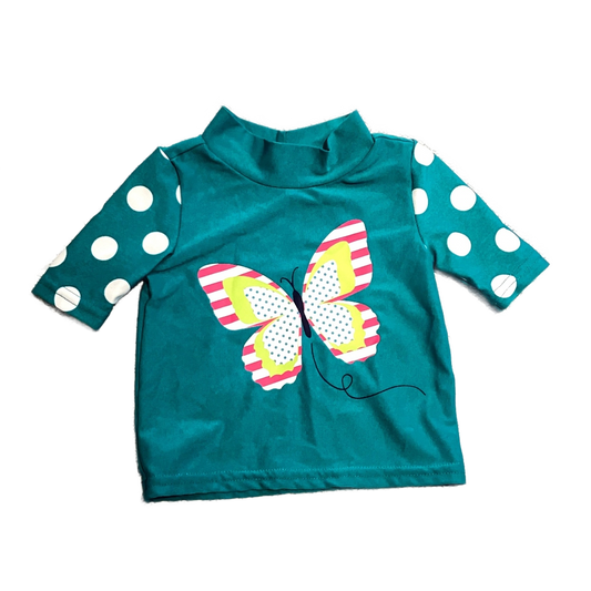 6-9 Girls 1989 Teal and White Polka Dot and Butterfly Shirt