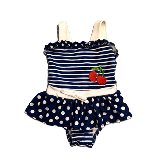 6-9 Girls Penelope Mack Blue and White Multi-Print One-Piece With Cherry Decal