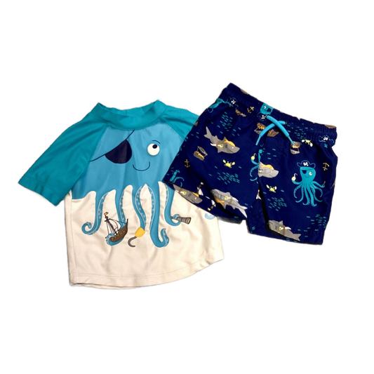 9-12 Boys Just One You Turquoise Octopus Swimshirt and Trunks