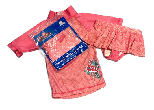 2T Girls Uv Skinz Pink Swim Shirt w/Ruffled Skirt and Swim Hat