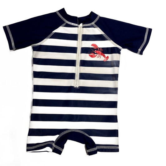 3-6 Boys Floatimini Navy and White Striped One Piece Swimsuit with Lobster Decal