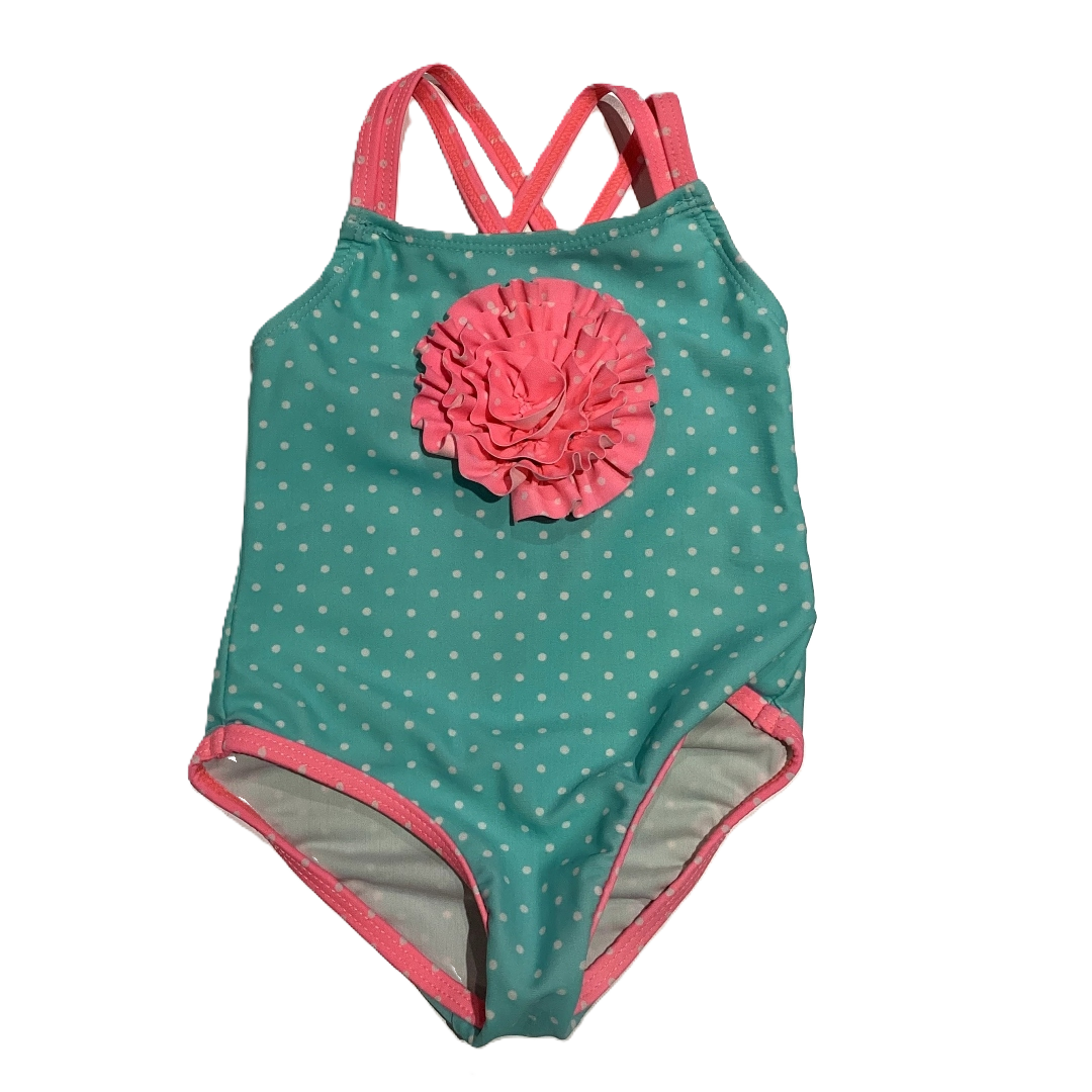 3-6 Girls Koala Kids Light Teal and Neon Pink Polka Dot One-Piece With Crossed Back