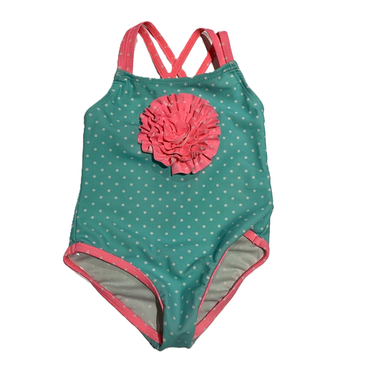 3-6 Girls Koala Kids Light Teal and Neon Pink Polka Dot One-Piece With Crossed Back