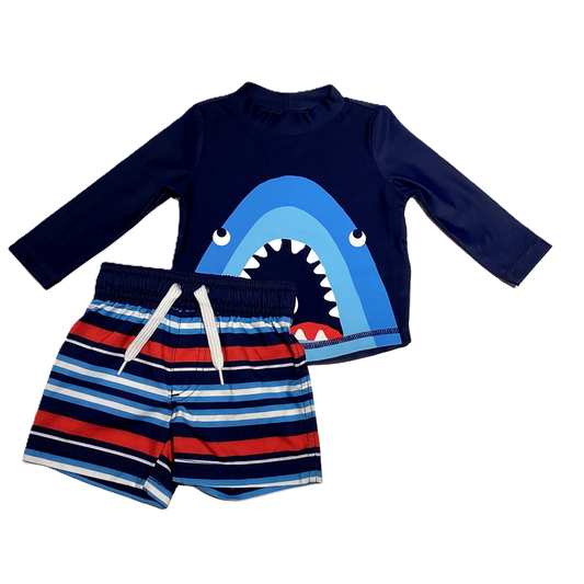 3-6 Boys Simple Joys Navy Blue Shark Shirt With Red and White Striped Shorts