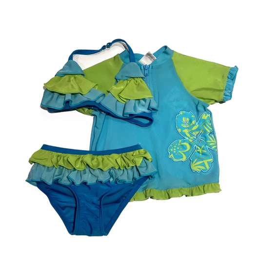 6-9 Girls Koala Kids Light Green and Light Blue Matching Floral Shirt With Ruffled Bikini Top and Matching Bottoms