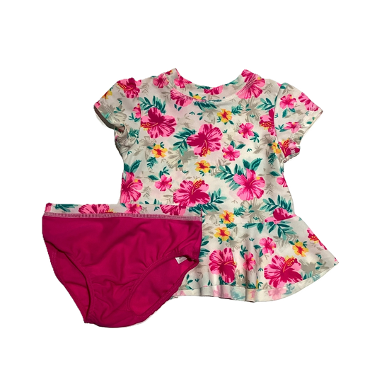 6-9 Girls Koala Kids White and Multi-Colored Floral Shirt With Ruffled Bottom, Matching Pink Bottoms