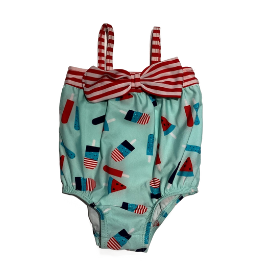 6-9 Girls Cat & Jack Sky Blue, Red and White Popsicle One Piece With Striped Bow and Straps