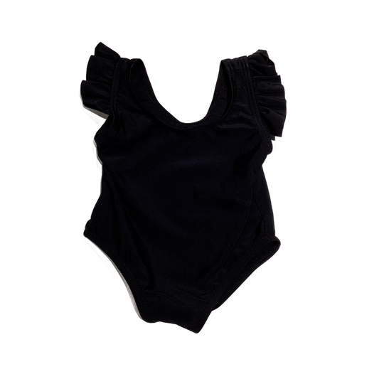 6-9 Girls Black One-Piece With Ruffled Straps