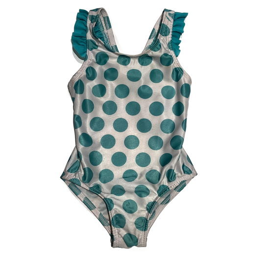 2T Girls White One Piece w/Turquoise Polka Dots