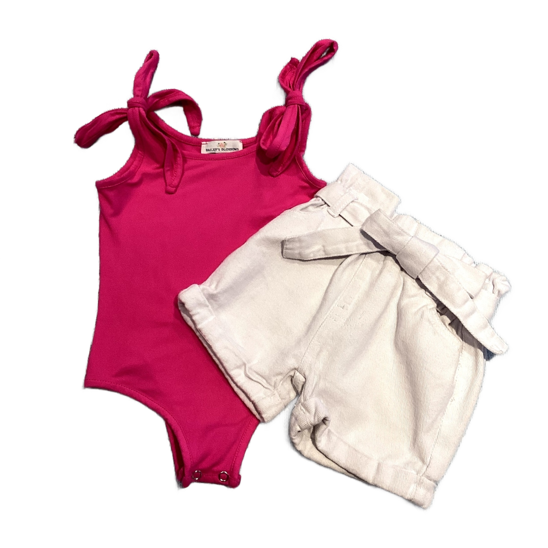 3T Girls Bailey's Blossoms Hot Pink Bodysuit, Bailey's Blossoms High Waisted White Denim Shorts