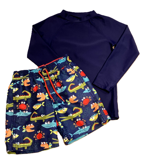 3T Boys Blue Swim Shirt, Kiko & Max Blue Swim Trunks w/Fish and Alligators